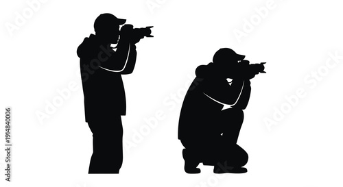 Two photographers capturing images in a dynamic pose presented as a striking black silhouette on transparent background high quality professional detailed