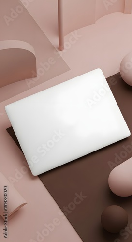 Minimalist Laptop Mockup on Geometric Pink and Brown Background.