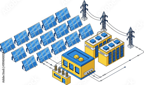 Solar Panel Farm and Renewable Energy Power Station, Isometric Green Tech Illustration
