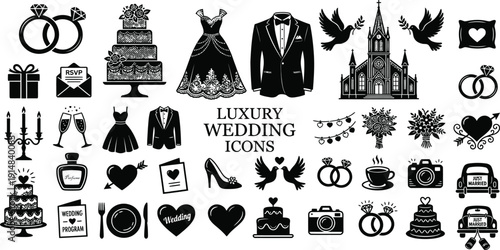 Wedding icons set in doodle style for cards and decorations
