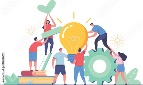 Creative teamwork assembling lightbulb innovation concept, collaboration strategy, brainstorming solution, business growth teamwork flat vector illustration design concept