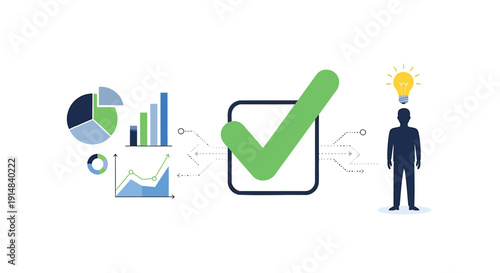 Vector illustration of a person with a lightbulb and a green checkmark surrounded by business graphs and charts
