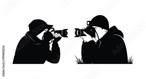 Two photographers capturing moments with their cameras facing each other on transparent background silhouette high quality professional detailed modern elegant stylish