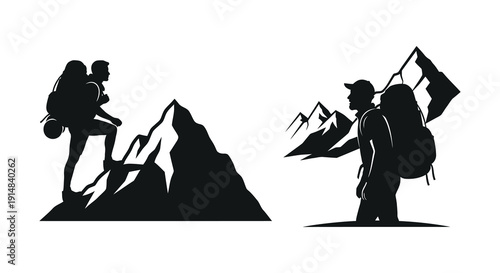 Black silhouettes of hikers with backpacks ascending mountains ideal for outdoor designs on transparent background silhouette high quality professional detailed modern