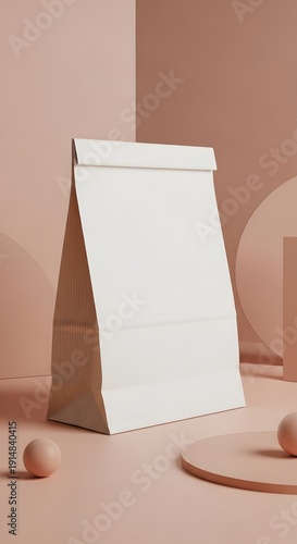 Minimalist White Paper Bag on Pink Background with Geometric Shapes.
