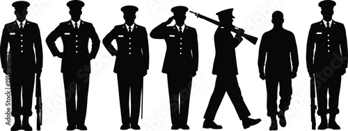 Military Silhouettes Collection Featuring Soldiers in Dress Uniforms Saluting and Marching with Rifles for Veterans Day Memorial Day and Army Service Concepts