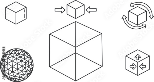 3D Geometry and Modeling Concepts Icon Set - Isometric Black Line Art Graphics
