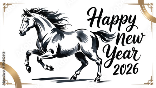 Lunar New Year 2026: A majestic illustration of a horse galloping across the frame, a symbol of the upcoming year, accompanied by elegant lettering wishing a Happy New Year.