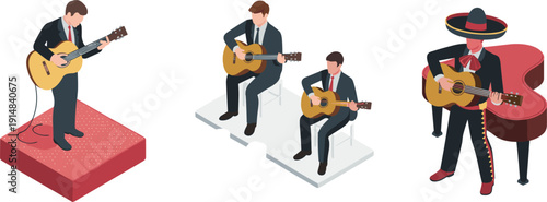 Isometric guitar player illustration, musician performing acoustic guitar on stage concert performance mariachi and music lesson scene vector