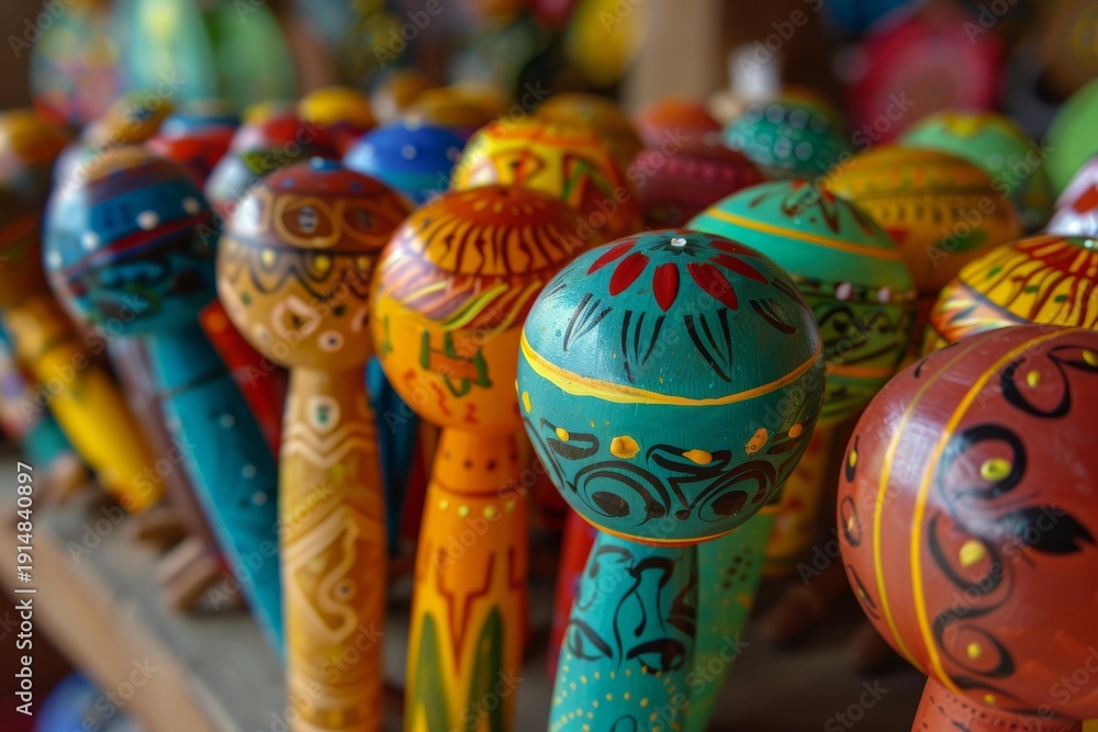 Fototapeta premium Artisans showcasing hand painted wooden toys with intricate details and vibrant colors, celebrating traditional craftsmanship