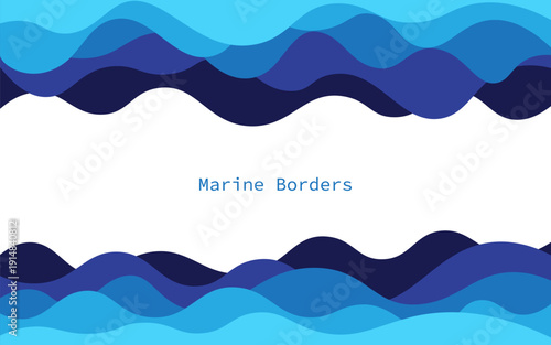 Blue marine waves with layered organic shapes on white background. Abstract s...