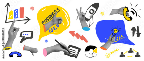 Vector collage with hands, icons, speech bubbles, a graph, a light bulb, and a rocket. Suitable for website headers, presentations, and marketing; editable and scalable for PR branding. 