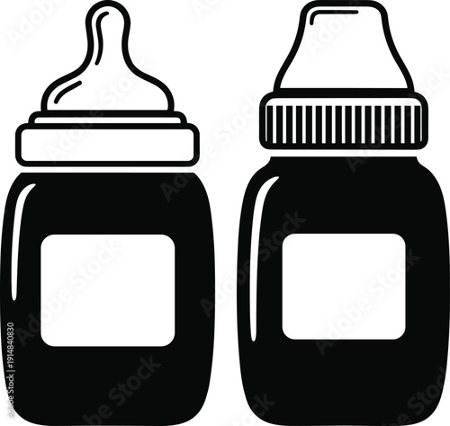 Two Baby Feeding Bottle Silhouettes with Nipple and Protective Cap for Newborn Nutrition Infant Healthcare and Motherhood Nursing Concept Isolated on White