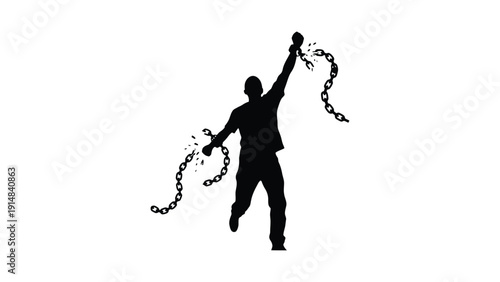 Freedom man silhouette breaking free from chains on white background