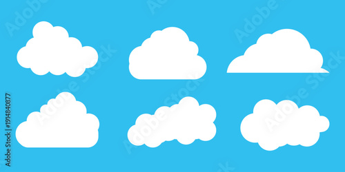 Abstract vector white cloud silhouette collection in cute flat cartoon style for web background. Nature sky, cloud pattern, fume or misty fog art. Food smoke, cloud texture and weather element symbol.
