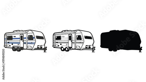 Three caravan illustrations showing different views and a silhouette
