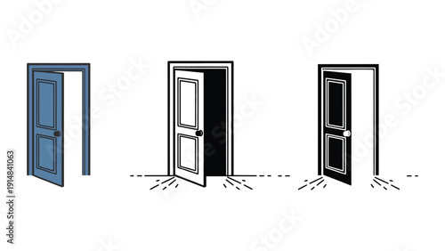 Three open doors, symbolizing choices and new opportunities in different styles and colors.