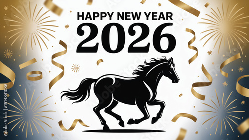 New Year 2026: A Festive Celebration: a horse silhouette dances amidst radiant fireworks and celebratory ribbons, ushering in the hope and joy of a fresh new year.