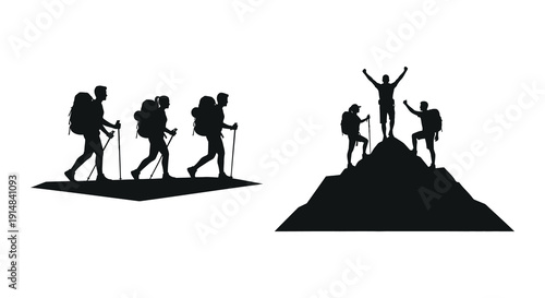 A group of hikers ascending a mountain with a celebratory figure on the peak on transparent background silhouette high quality professional