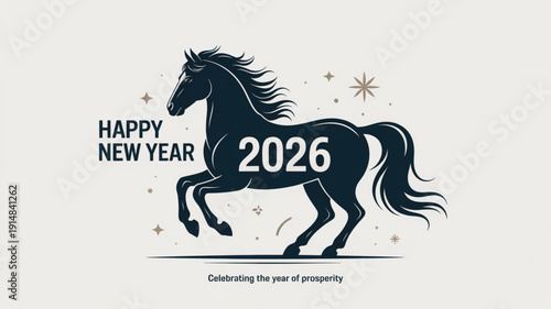 Festive New Year 2026: A majestic horse silhouette, adorned with celestial stars, gallops in celebration of the New Year, heralding prosperity for 2026. 