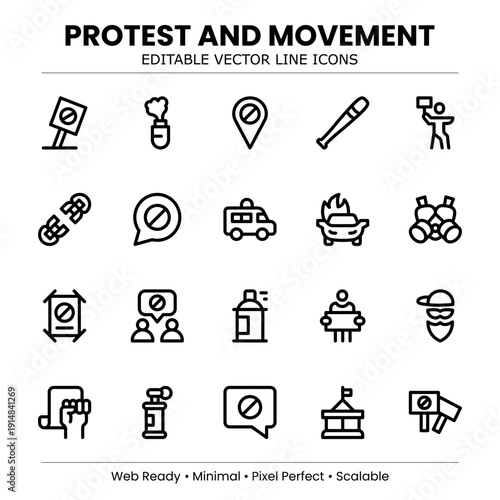 Protest Line Icon Set – Modern minimal vector collection for activism, demonstration, and social justice movements. Professional line art.