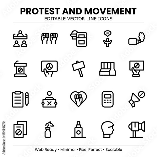 Protest Line Icon Set – Modern minimal vector collection for activism, demonstration, and social justice movements. Professional line art.