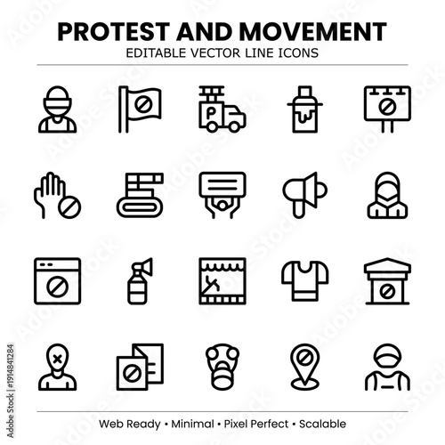 Protest Line Icon Set – Modern minimal vector collection for activism, demonstration, and social justice movements. Professional line art.