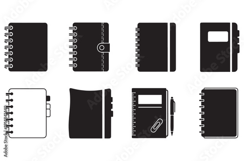 ollection of eight diverse notebook and planner icons representing different styles, spiral bound, leatherette, hard cover, and elastic closure for study notes and business