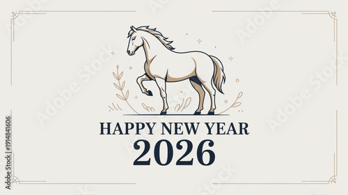 New Year Horse: A stylized horse illustration, a beacon of hope and prosperity, stands proudly, heralding the arrival of the New Year, complemented by an ornate frame.