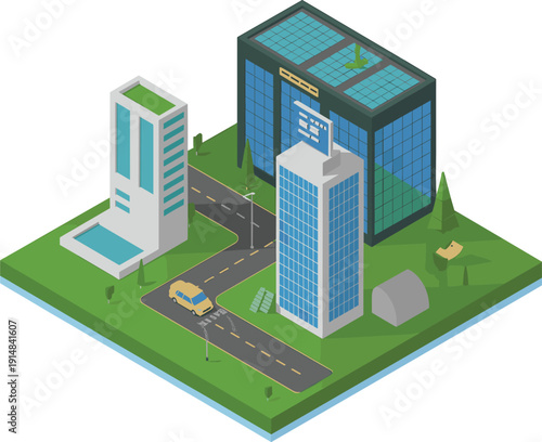 Isometric smart city block with modern office towers rooftop solar panels urban road and sustainable green infrastructure illustration