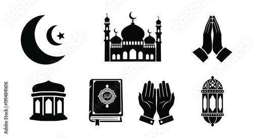 Islamic religious symbols including a crescent moon mosque and praying hands presented as a black silhouette on transparent background high quality