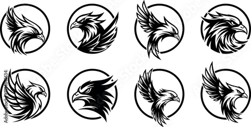 Eagle head illustrations, black and white vector, circular logo design, fierce bird artwork, majestic animal symbol, tattoo style, branding graphics