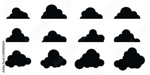 Cartoon white clouds icon set isolated on blue background. Cloudscape in flat style. Blue sky cloud weather symbol. Vector illustration cloudy panorama. Cloud shapes design vector set. 