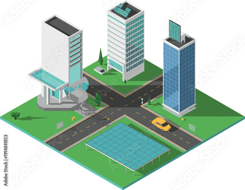 Isometric smart city intersection with solar powered skyscrapers modern buildings clean transport and renewable energy urban infrastructure illustration