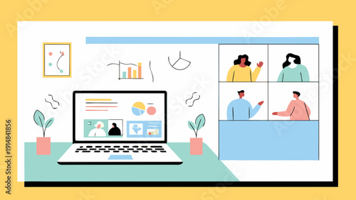 Modern office desk with laptop and video conference on screen remote work setup with people collaborating online