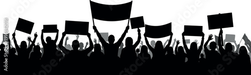 Powerful vector silhouette illustration capturing a large group of people raising signs and banners during a protest or rally, symbolizing collective voice and demand for change