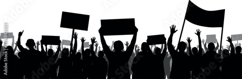 Silhouette of a large crowd demonstrating with raised hands, holding protest signs and a flag against a white background, representing social activism and public outcry for change