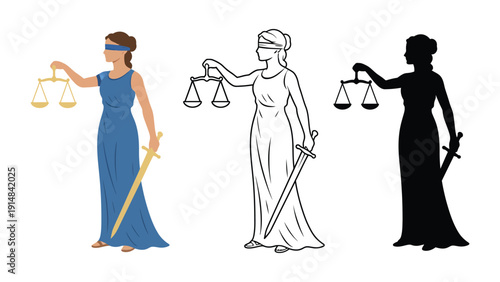 Symbolic representation of justice with scales and sword, in color, outline, and silhouette
