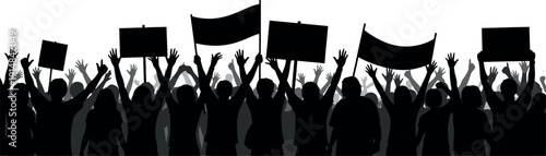 Silhouetted crowd of people raising their hands and holding signs in protest or celebration