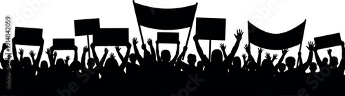 Dynamic silhouette of a passionate protest crowd with raised arms, signs, and waving banners, representing collective action, social movements, and public assembly for meaningful change