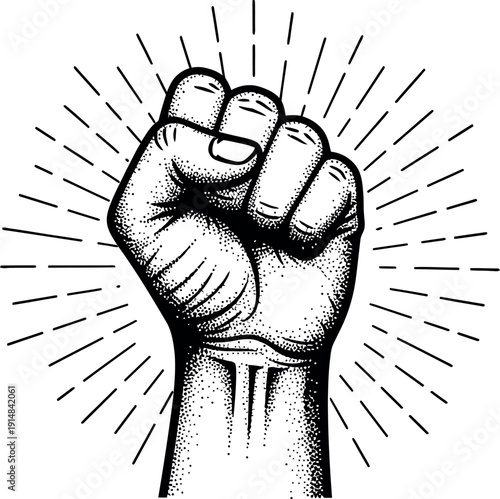 Powerful symbol of human strength and protest, an illustrative design depicting a raised, clenched fist radiating energy and determination for solidarity and empowerment in various social movements