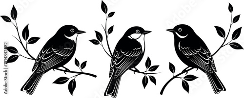Minimalist black bird silhouette illustration, perched on branches, decorative nature vector design, wildlife artwork, modern graphic for logo, tattoo, print