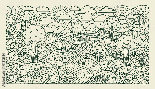 Hand drawn doodle nature landscape with winding river mountains trees and cute animals 