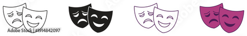 Drama masks symbols. Theatre masks icons set. Tragedy and comedy masks. Vector illustration.