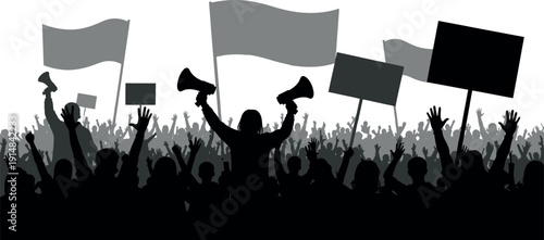 Protestors silhouette with flags and signs, expressing dissent in a crowd