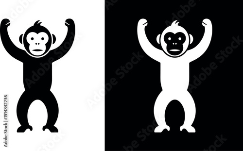 Monkey silhouette illustration, cartoon animal vector, black and white artwork, playful primate design, contrast background art, minimal style, symbolic graphics