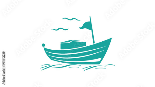 Simple teal boat sailing on blue waves under a clear sky with seagulls.