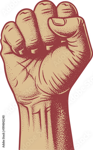 A powerful, clenched fist illustration symbolizing strength, unity, and resistance in a retro, vintage style with textured detail