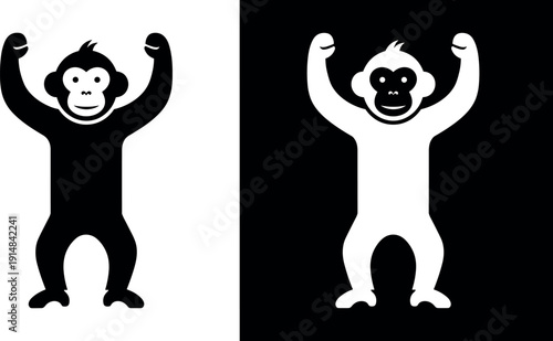 Monkey silhouette artwork, cartoon primate vector, black and white design, playful animal illustration, contrast background art, minimal style, symbolic wildlife graphics