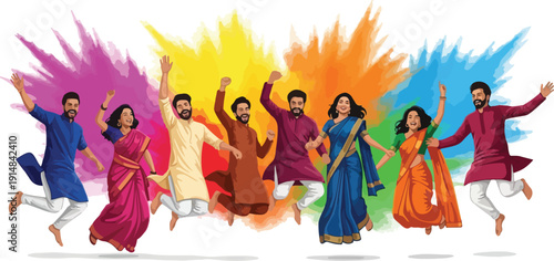 Group of diverse people in traditional Indian clothing jumping with colorful powder splashes behind them on a white background.